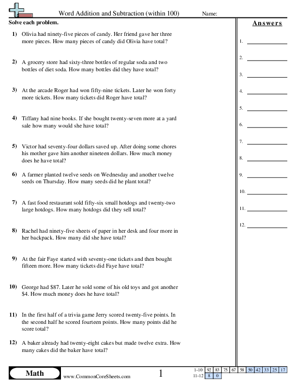 Word Addition Within 100 Worksheet - Word Addition Within 100 worksheet